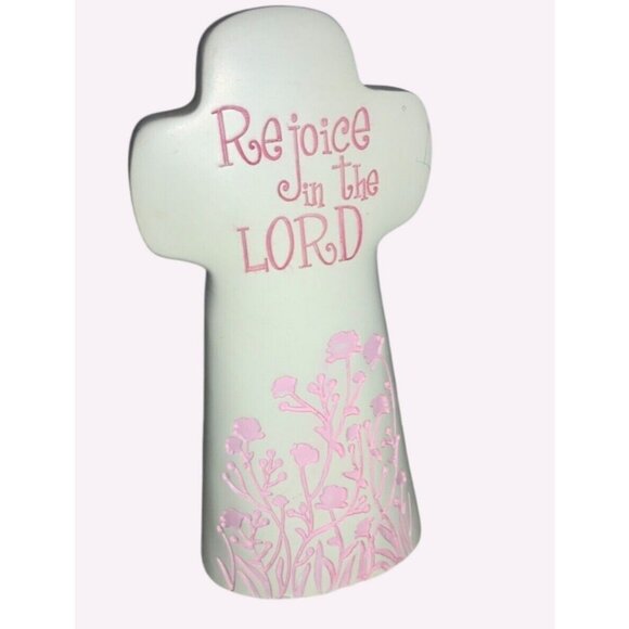 Religious Cross w/ Floral Pink Design and Inspirational Text Rejoice In The Lord - Picture 1 of 8